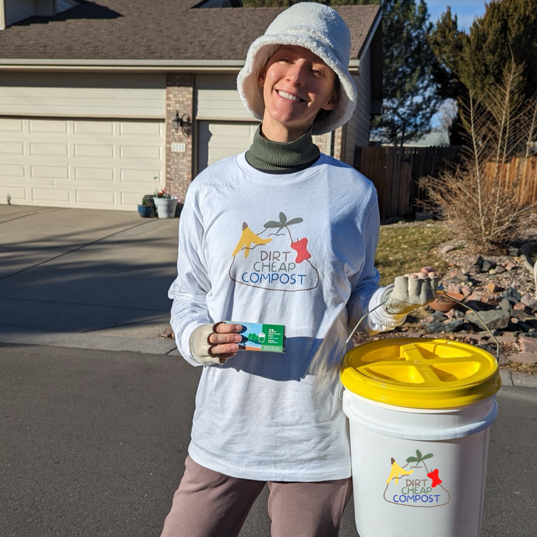 Madison dropping off our 5-gallon locking bin and first month's worth of compostable kitchen scraps bags to a new customer's front door in Arvada for our compost pickup service.