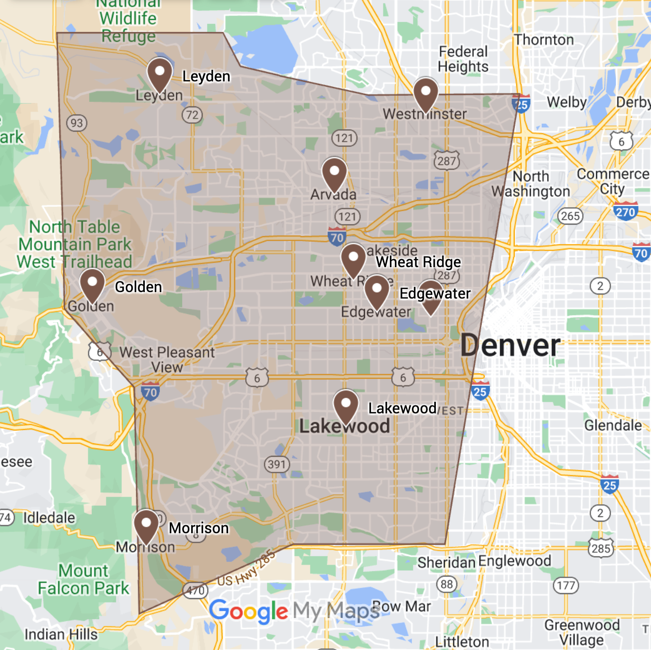 Dirt Cheap Compost service map - compost pickup service for Arvada, Wheat Ridge, Lakewood, Golden, Leyden, Westminster, Sloan's Lake, Edgewater, and parts of the Denver Highlands. Updated April 2024