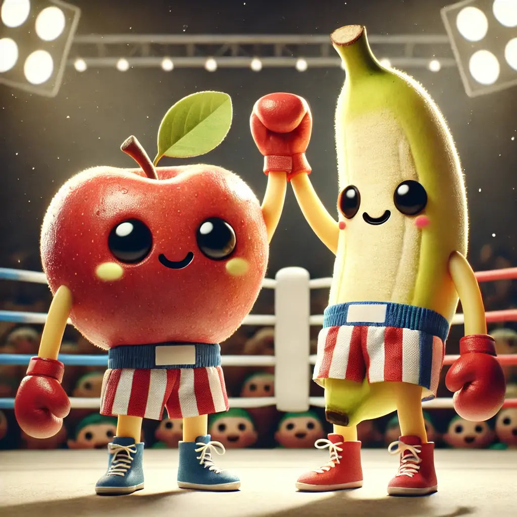 cute apple and cute banana in a boxing ring