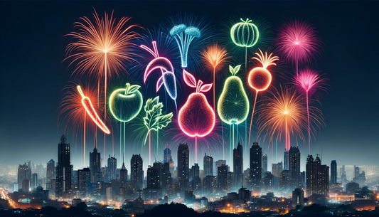 Fruit Fireworks over a busy city night sky